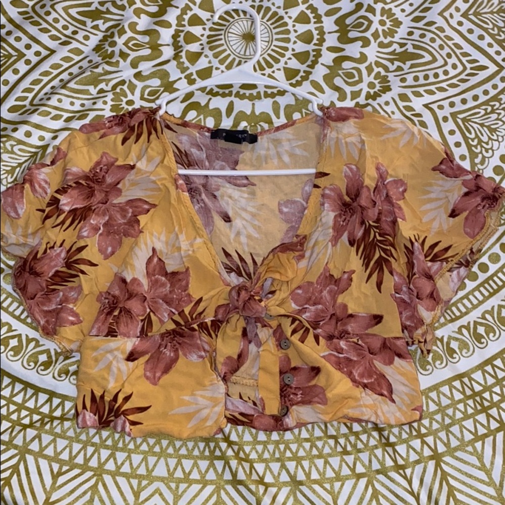Yellow floral front tie crop top